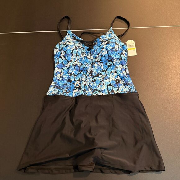 Nautica Other - Nautica Slimming Lace-Up Swimdress Blue Floral One Piece Medium NWT